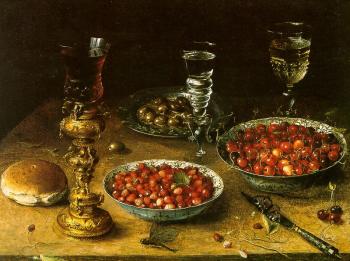 Osias Beert : Graphic Still-Life with Cherries and Strawberries in China Bowls